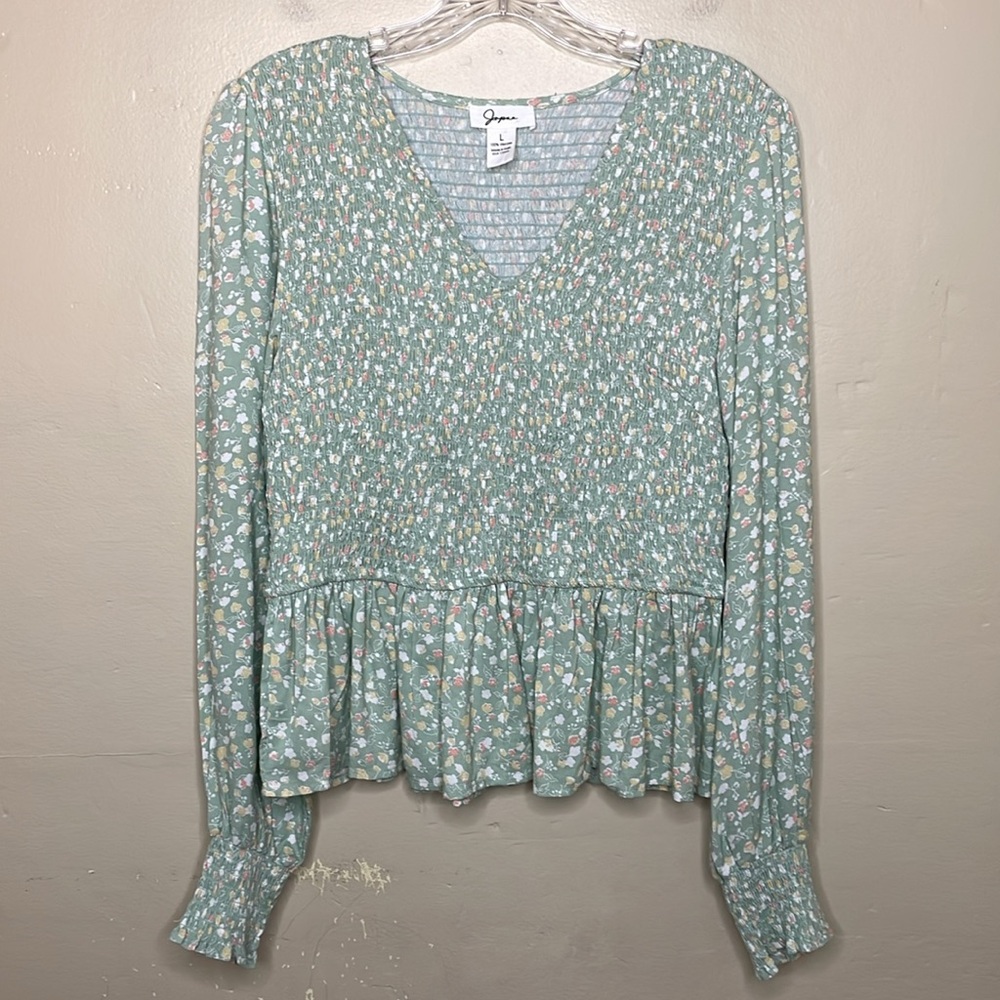 JAPNA Smocked Blouse Green Ditzy Floral Full Sleeves V-Neck BOHO Ruffle Hem Lg